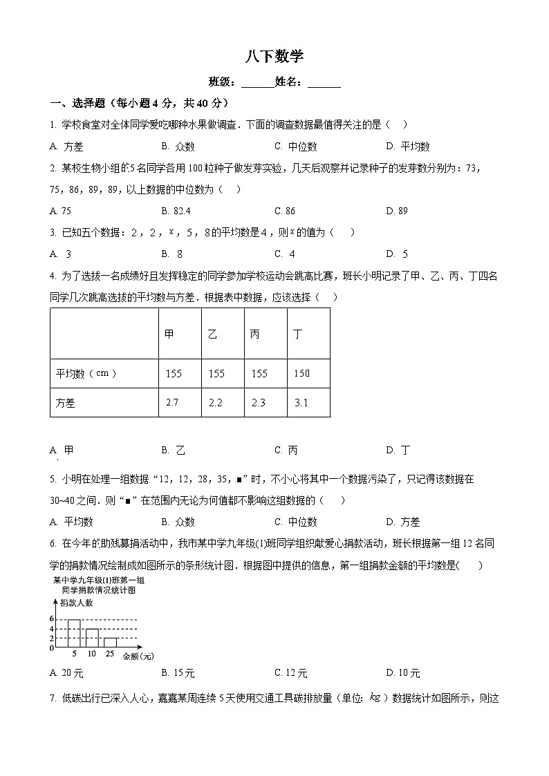 浙江省温州实验中学2024-2025学年八年级下学期3月测试数学试卷（原卷版+解析版）第1页