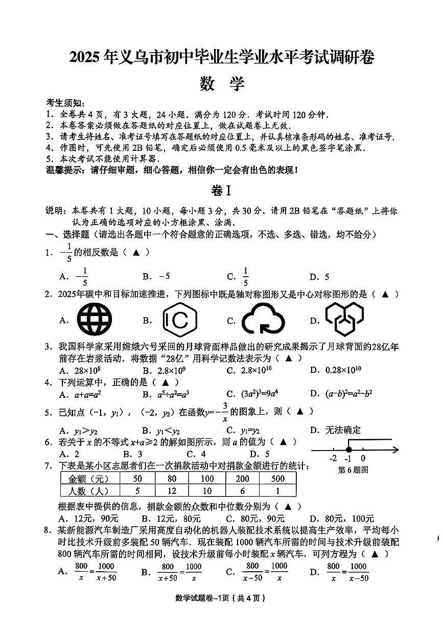 数学卷-2505义乌二模第1页