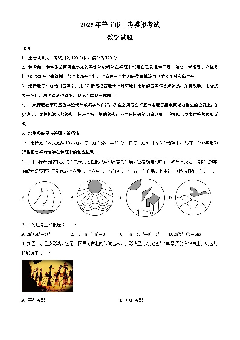 2025年广东普宁市九年级数学中考模拟考试一模试卷（中考模拟）第1页