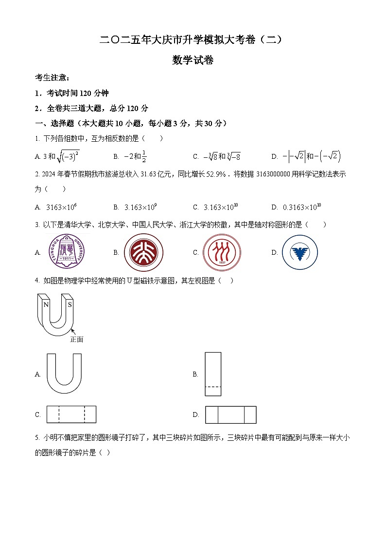 2025年黑龙江省大庆市中考数学二模试题（原卷版+解析版）（中考模拟）第1页