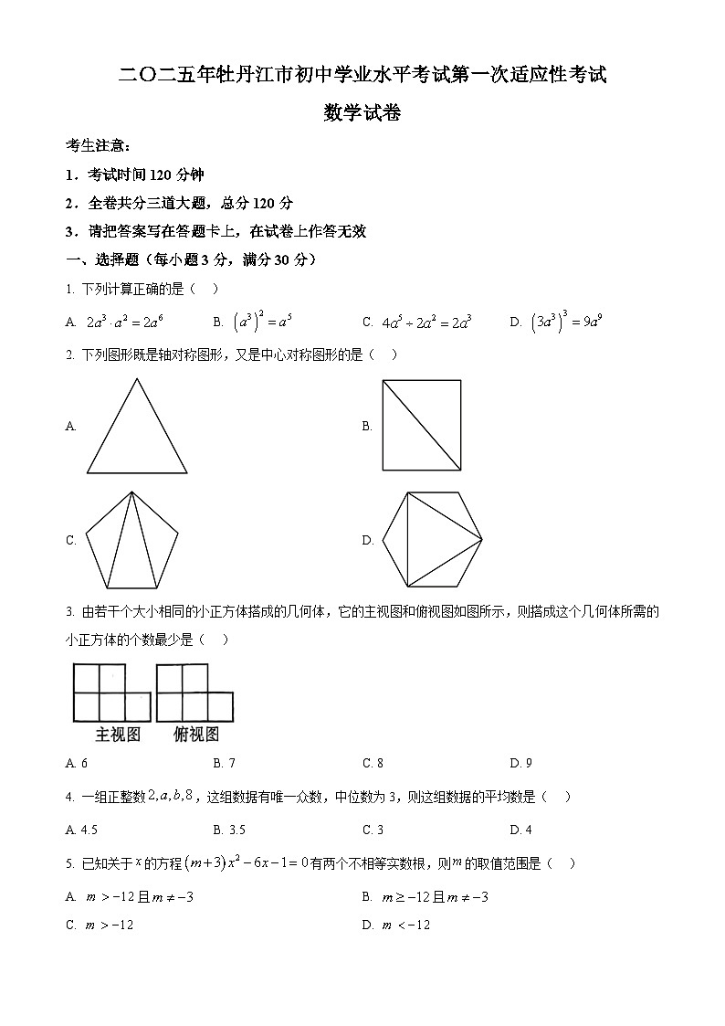 2025年黑龙江省牡丹江市初中学业水平考试第一次适应性考试数学试题（中考模拟）第1页