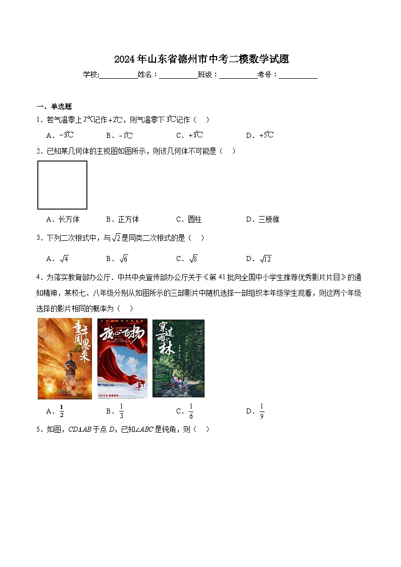 山东省德州市2024届九年级下学期中考第二次练兵考试数学试卷(含解析)第1页