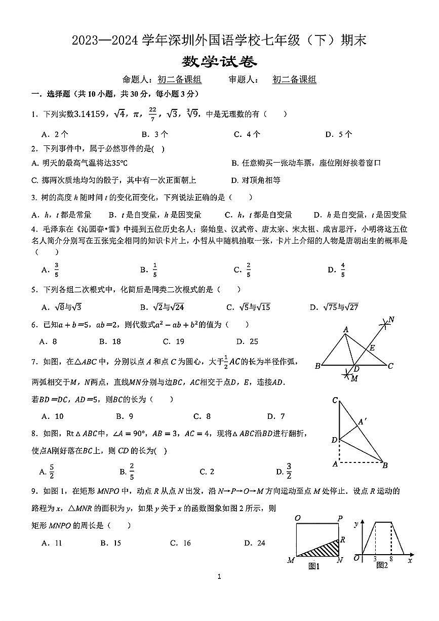 广东省深圳市深圳外国语学校2023-2024学年七年级下学期期末数学试题第1页