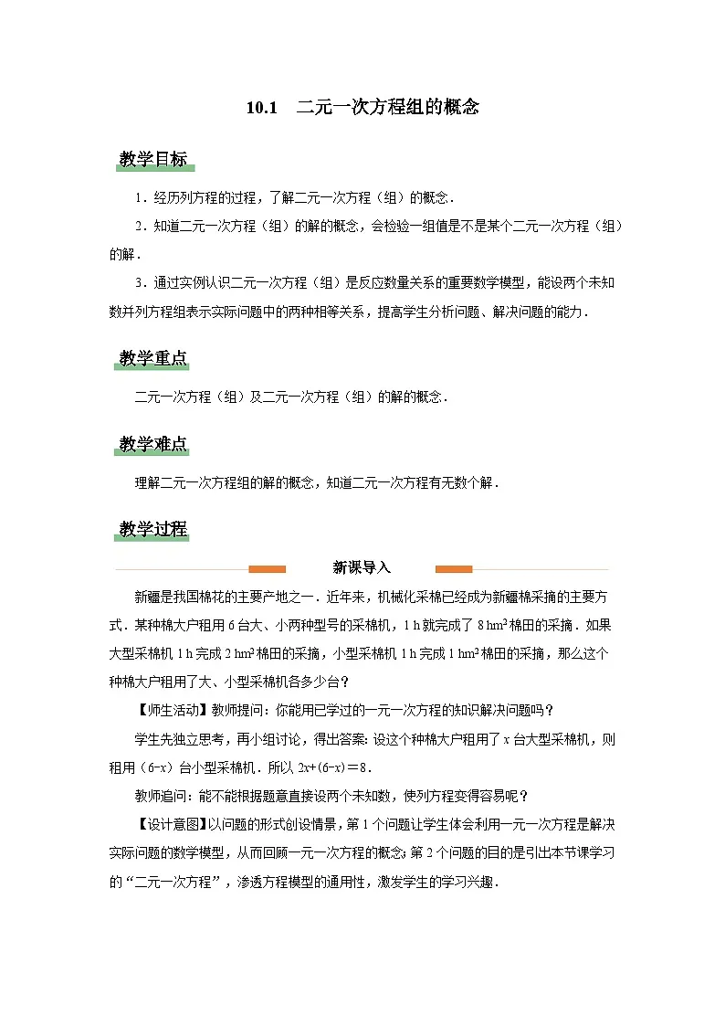 10.1 二元一次方程组的概念 教案 数学人教版（2024）七年级下册第十章第1页
