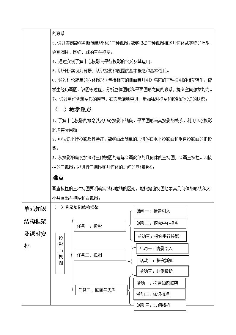 北师大版九年级数学上册第五章《投影与视图》单元教学设计第2页