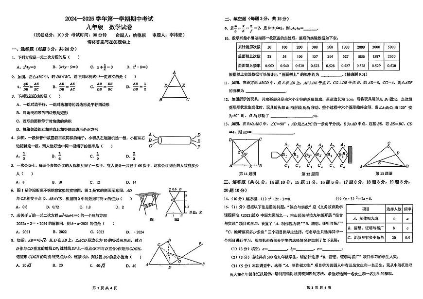 广东实验中学深圳学校2024-2025学年上学期九年级期中考试数学试题第1页