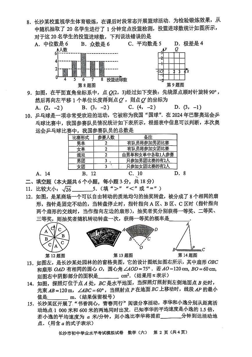 2025 年湖南省长沙市初中学业水平考试模拟试卷数学（中考模拟）第2页