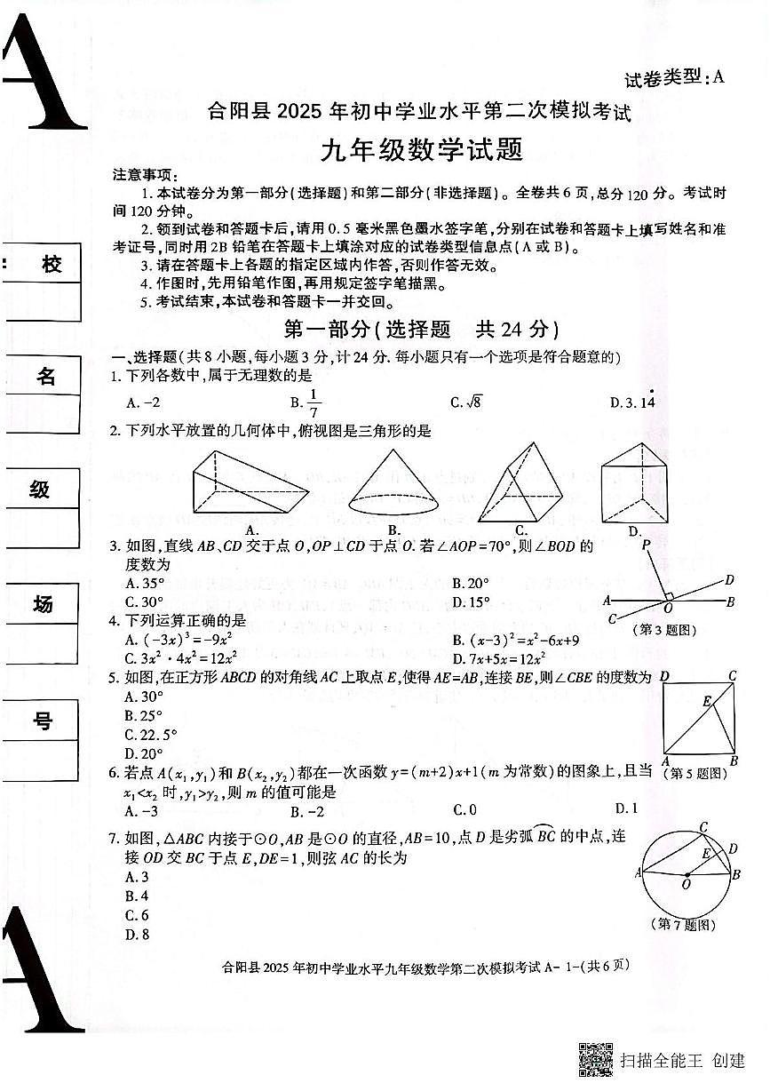 2025年陕西省渭南市合阳县中考二模数学试题（中考模拟）第1页