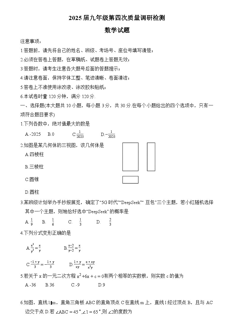 湖南省长沙市湖南师大附中集团2025届中考二模 数学试题第1页