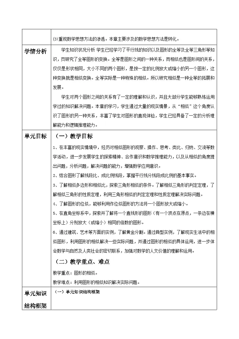 北师大版九年级数学上册第四章《图形的相似》单元教学设计第2页