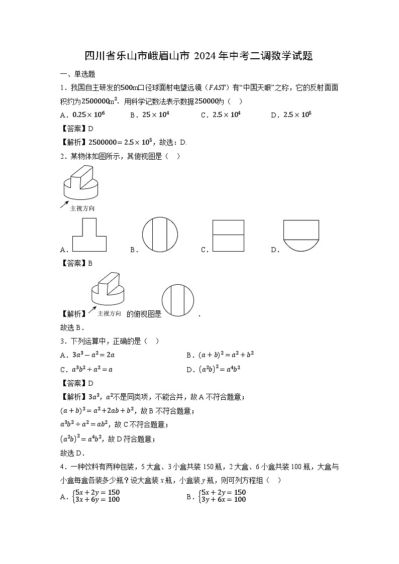 四川省乐山市峨眉山市2024年中考二调数学试卷（解析版）第1页