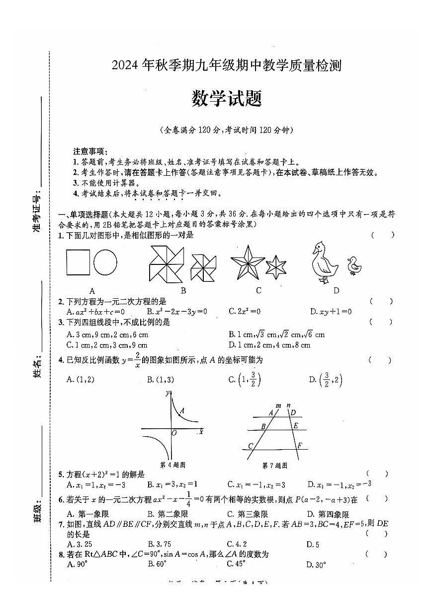 广西贵港市平南县2024—2025学年上学期九年级期中教学质量检测数学试题第1页