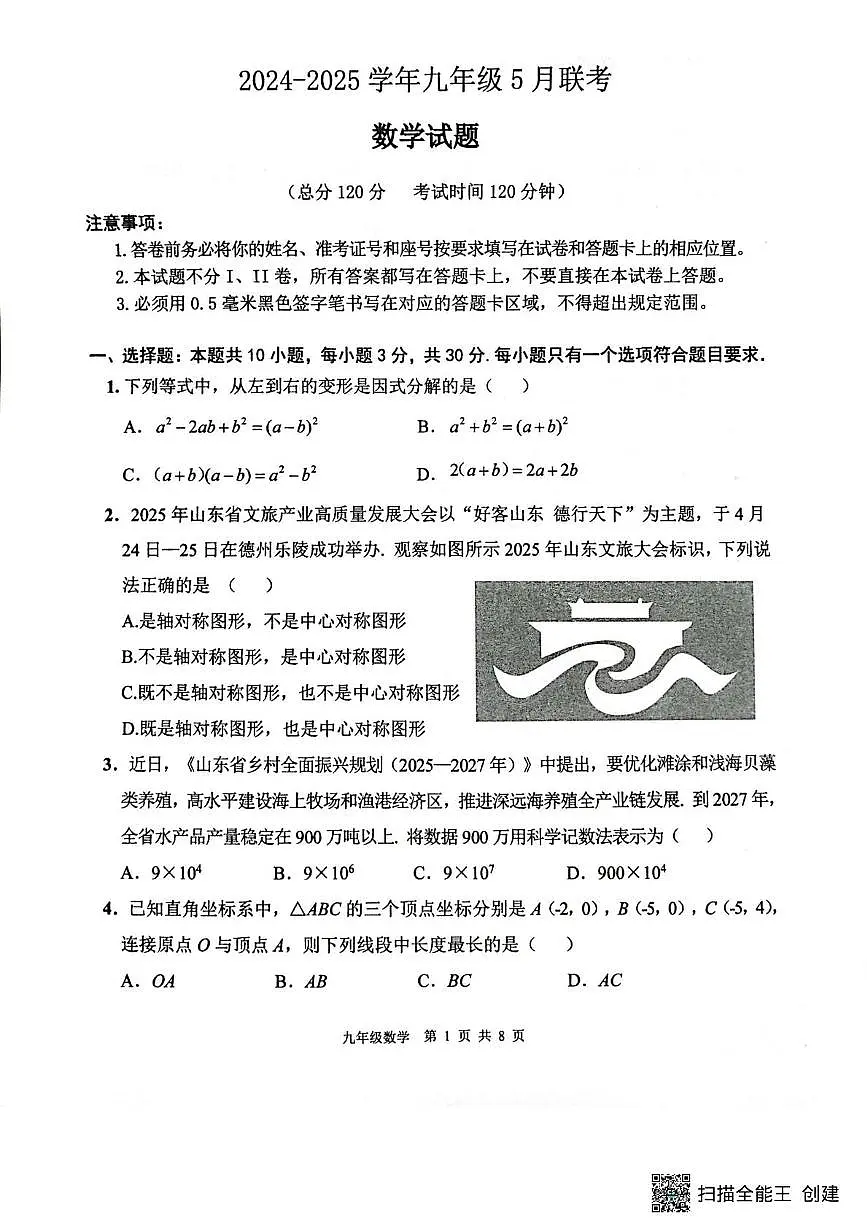 2025年山东省中考数学模拟试题第1页