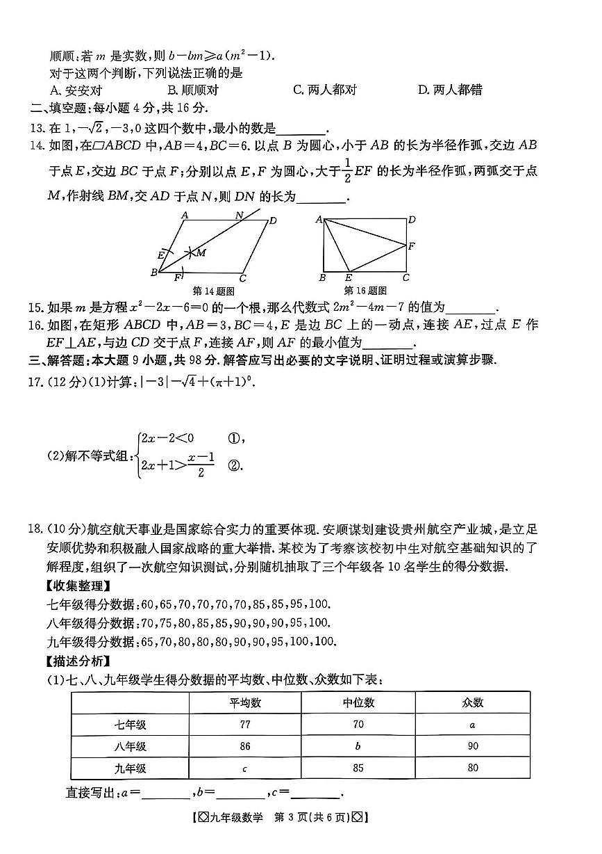 2025年贵州省安顺市中考三模数学试题（中考模拟）第3页