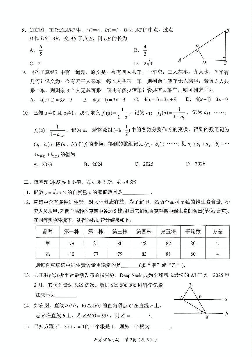 2025年湖南省岳阳市岳阳楼区二模数学试题（中考模拟）第2页