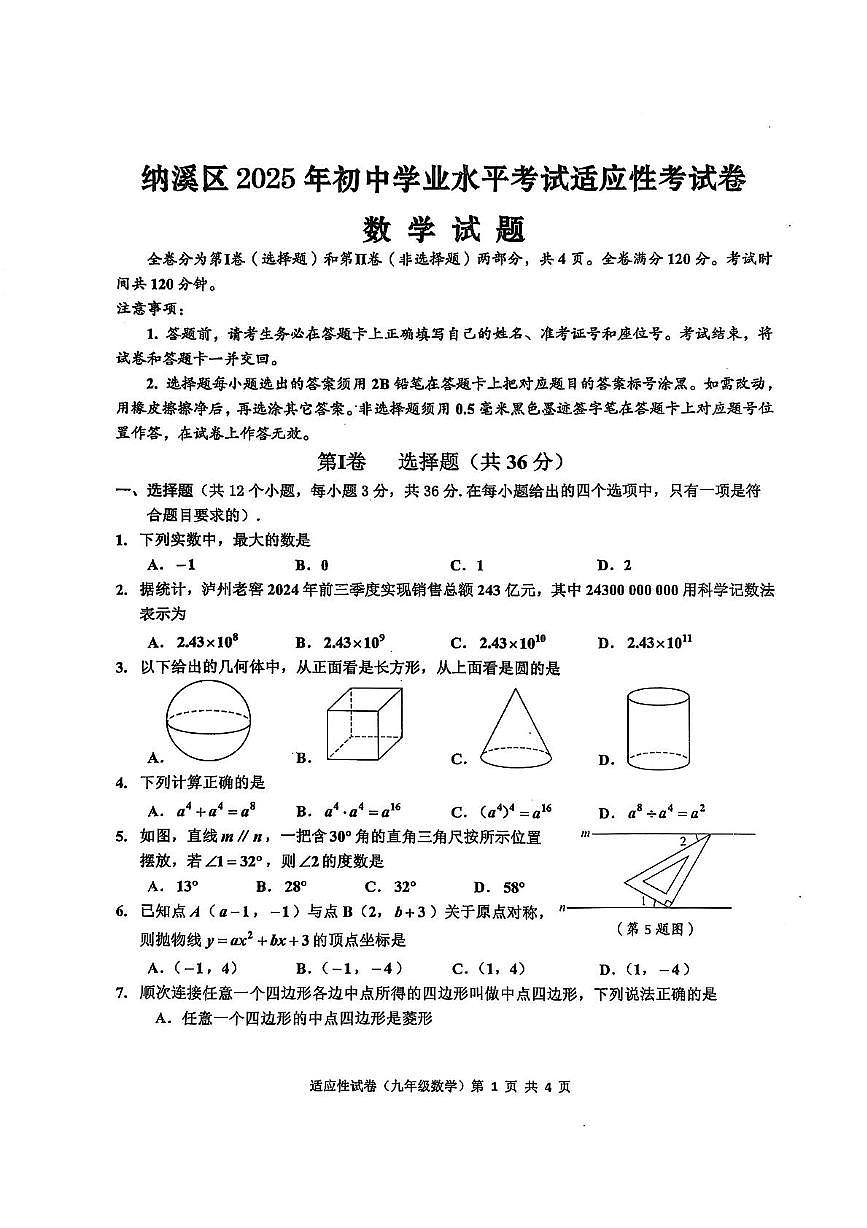 2025年四川省泸州市纳溪区九年级中考适应性考试数学试题（中考模拟）第1页