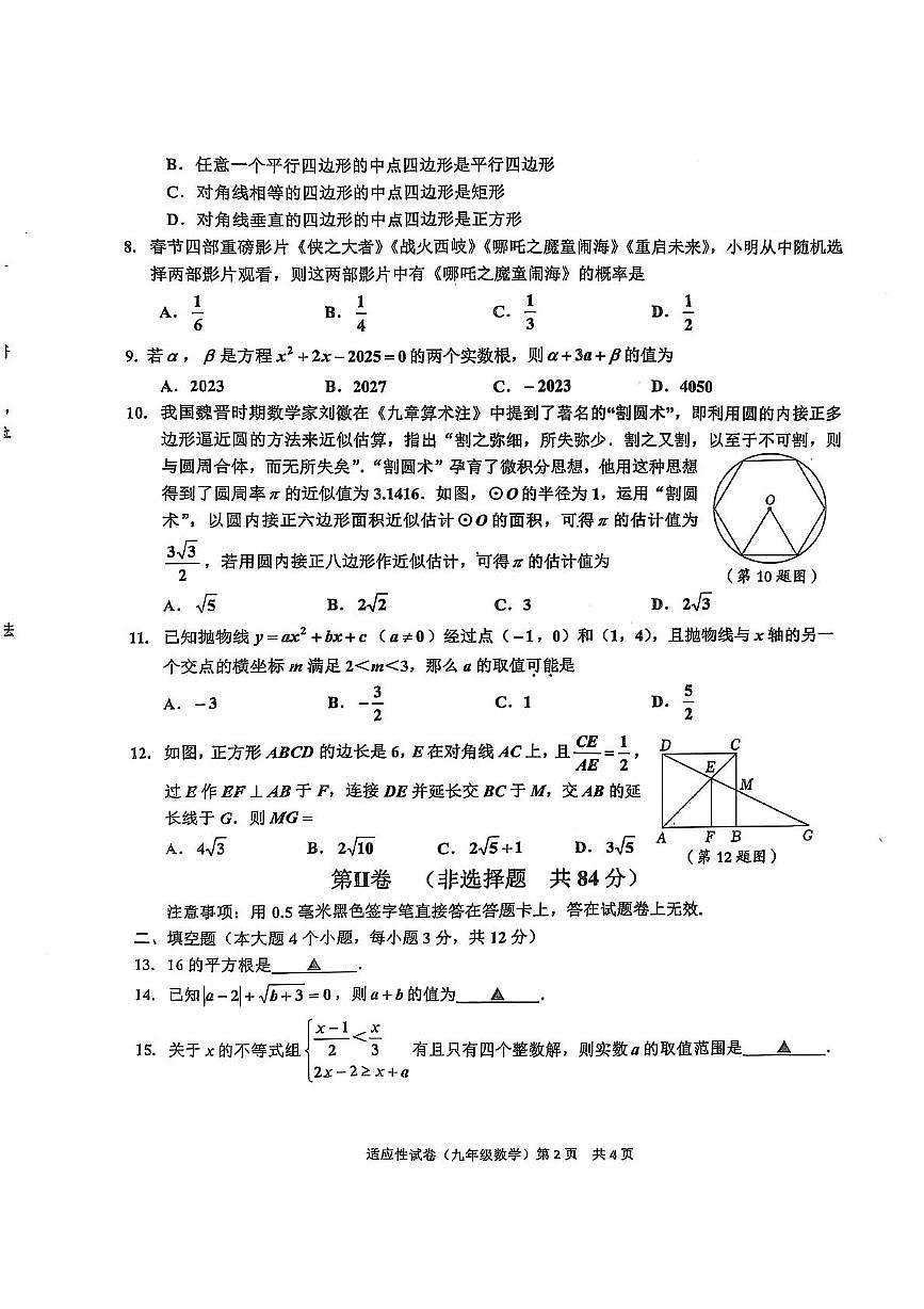2025年四川省泸州市纳溪区九年级中考适应性考试数学试题（中考模拟）第2页