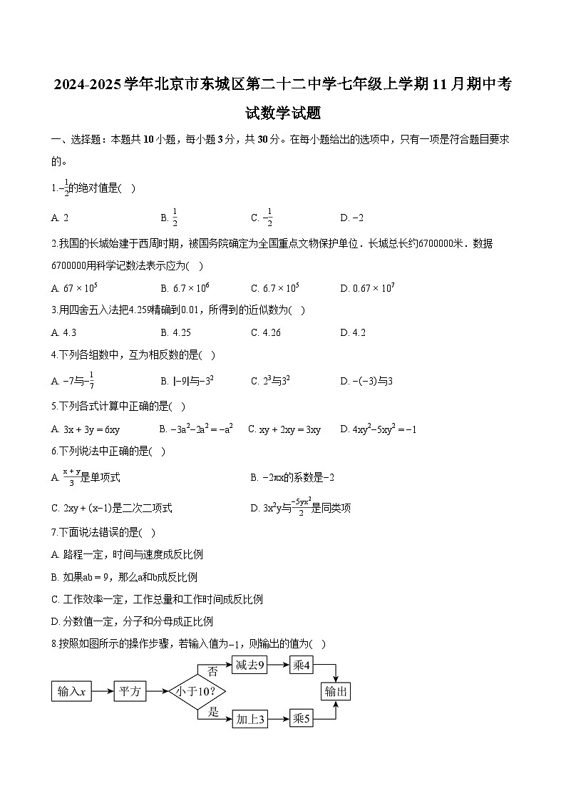 北京市东城区第二十二中学2024-2025学年七年级上学期11月期中考试 数学试题第1页