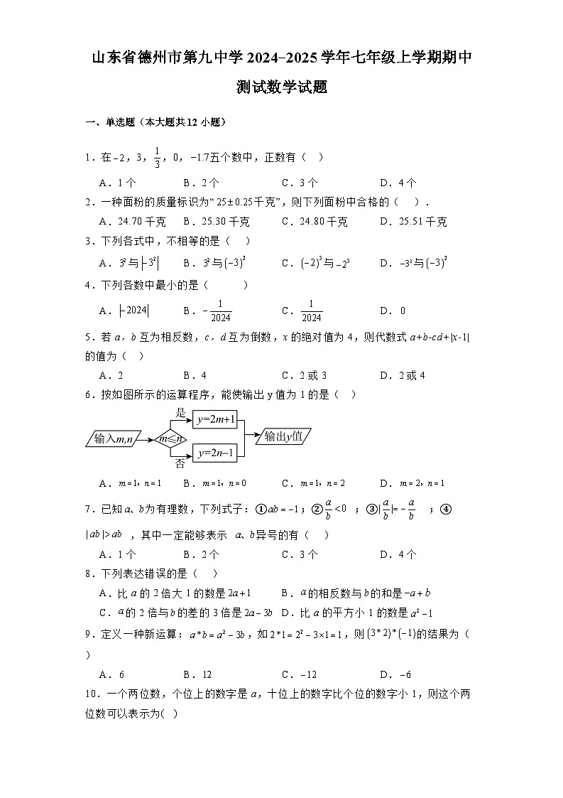 山东省德州市第九中学2024-2025学年七年级上学期期中测试 数学试题（含解析）第1页