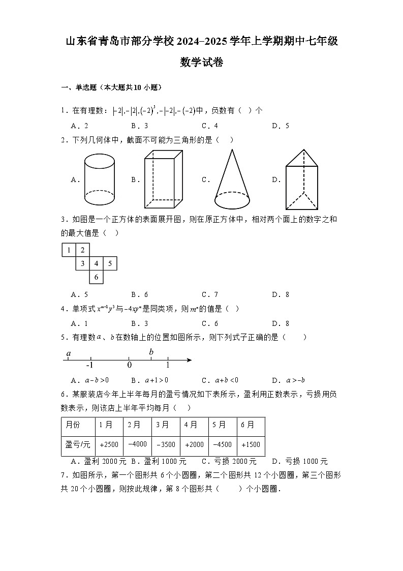 山东省青岛市部分学校2024-2025学年上学期期中七年级 数学试卷（含解析）第1页