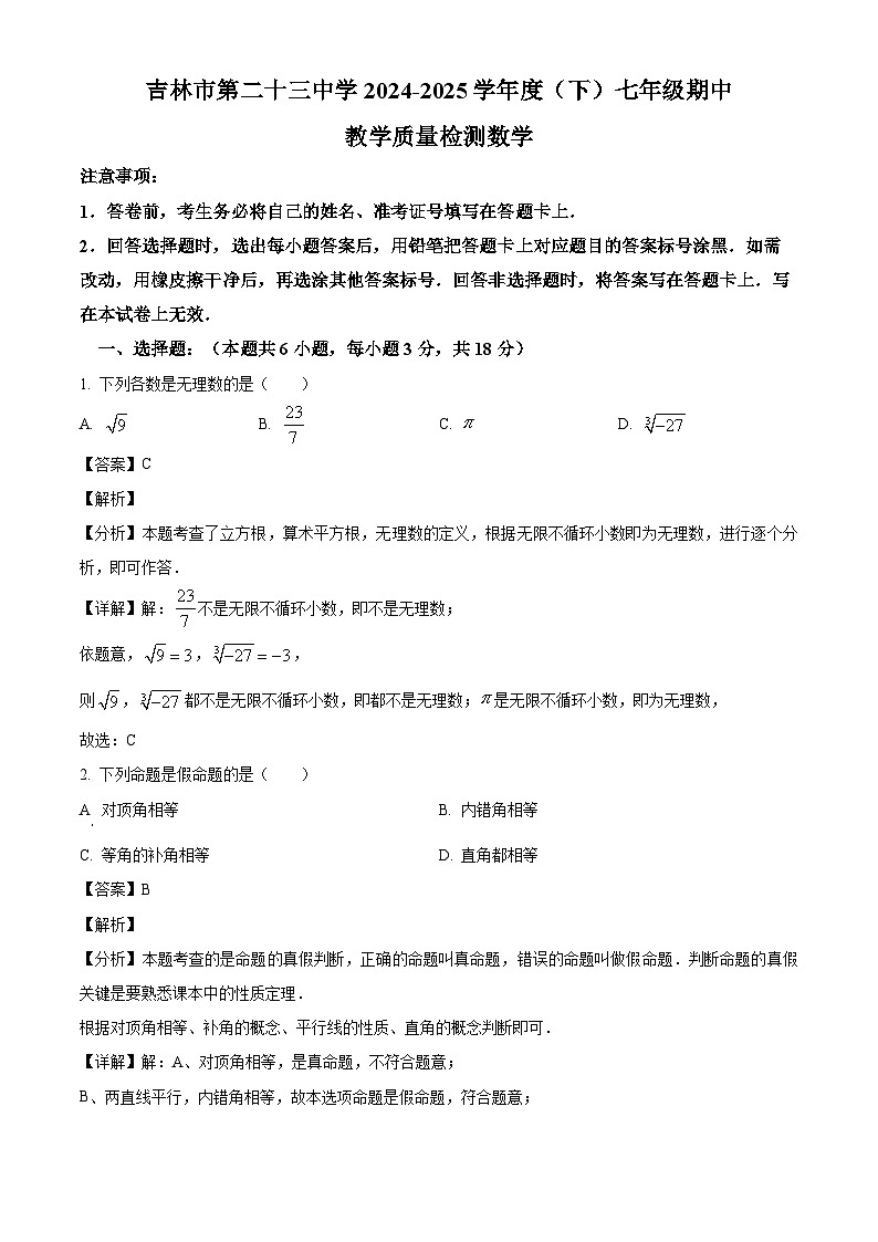 吉林省吉林市第二十三中学2024-2025学年七年级下学期期中教学质量检测 数学试题（含解析）第1页