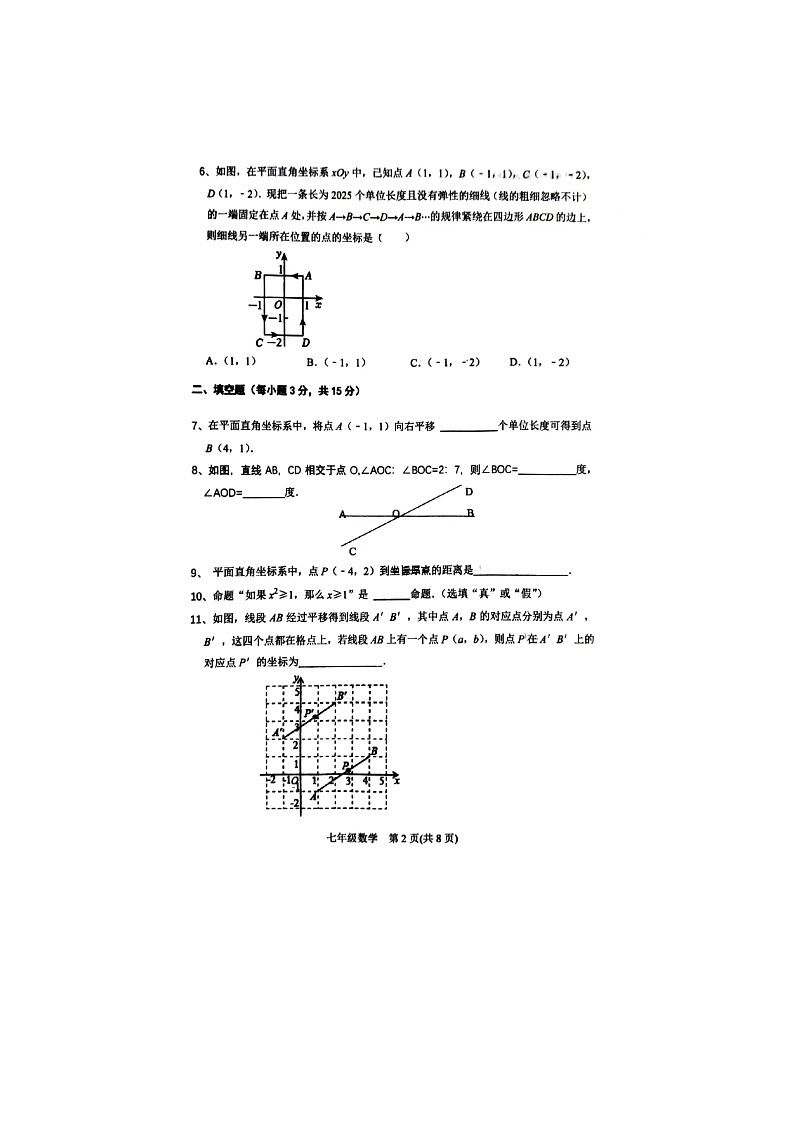 吉林省四平市双辽市2024-2025学年七年级下学期4月期中 数学试题（图片版）第2页