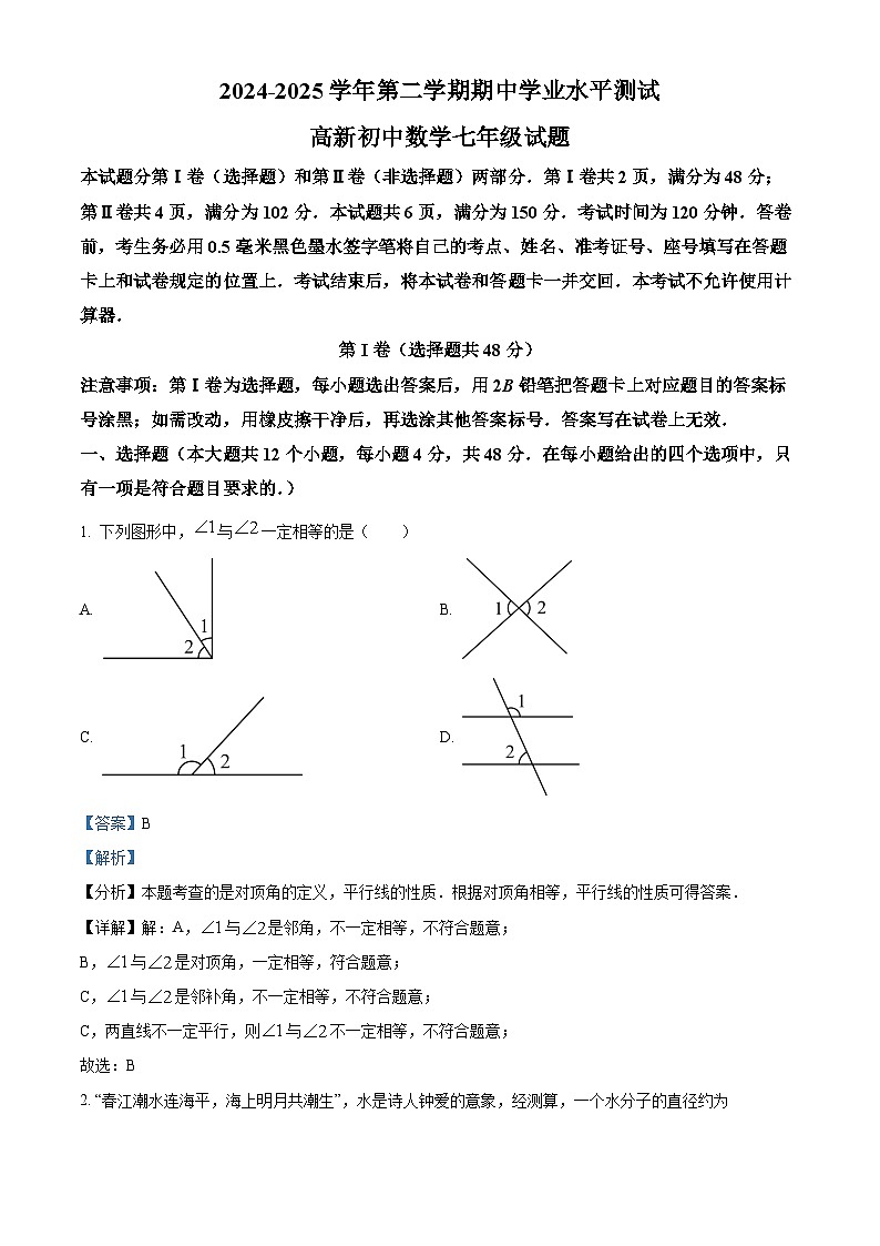 山东省济南市高新区2024-2025学年七年级下学期期中考试 数学试卷（含解析）第1页