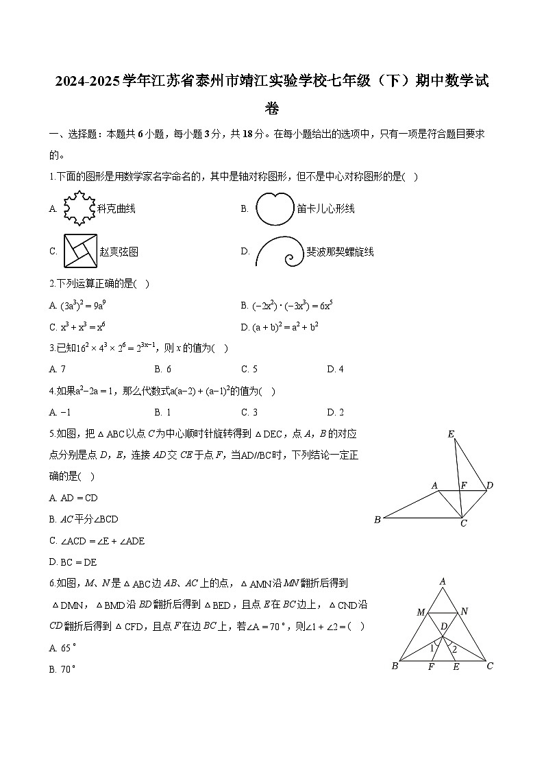 江苏省泰州市靖江实验学校2024-2025学年下学期七年级期中 数学试卷（含解析）第1页