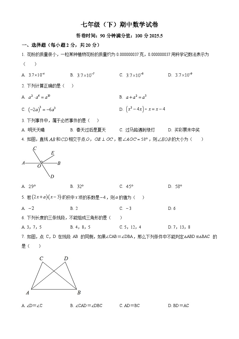 辽宁省丹东市第十九中学2024-2025学年七年级下学期期中考试 数学试题第1页