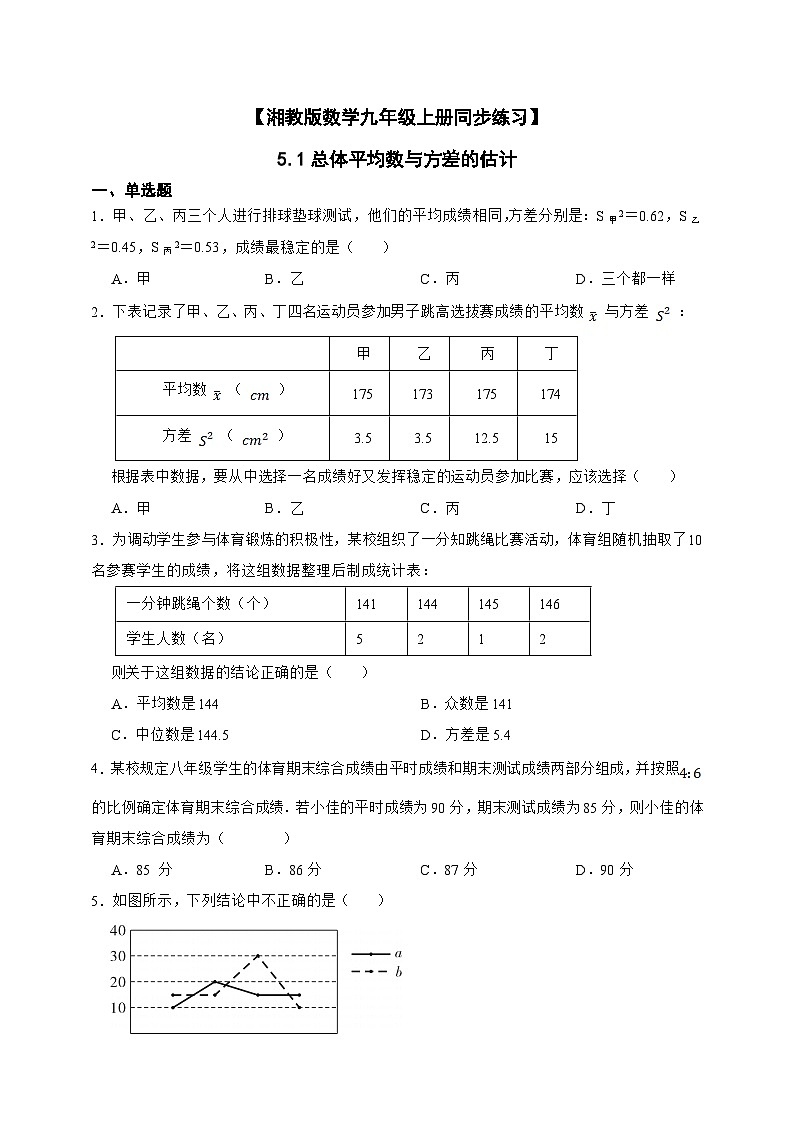 湘教版初中数学九年级上册  5.1总体平均数与方差的估计同步练习（含答案）第1页