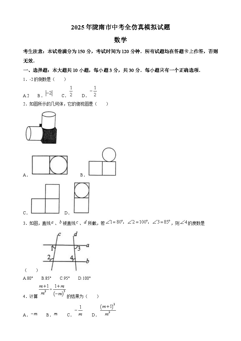2025年甘肃省陇南市武都区滨江学校模拟预测数学试题（中考模拟）第1页