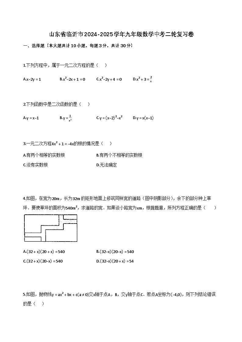 山东省临沂市2024-2025学年九年级数学中考二轮复习卷（含解析）第1页