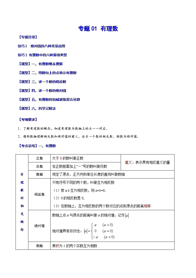 中考数学一轮复习之必考点题型全归纳与分层精练(全国通用)专题01有理数(学生版+解析)第1页