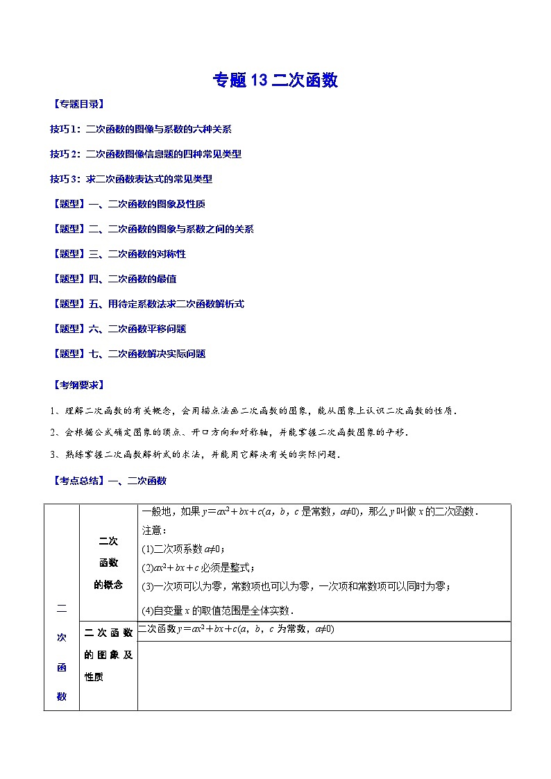 中考数学一轮复习之必考点题型全归纳与分层精练(全国通用)专题13二次函数(学生版+解析)第1页