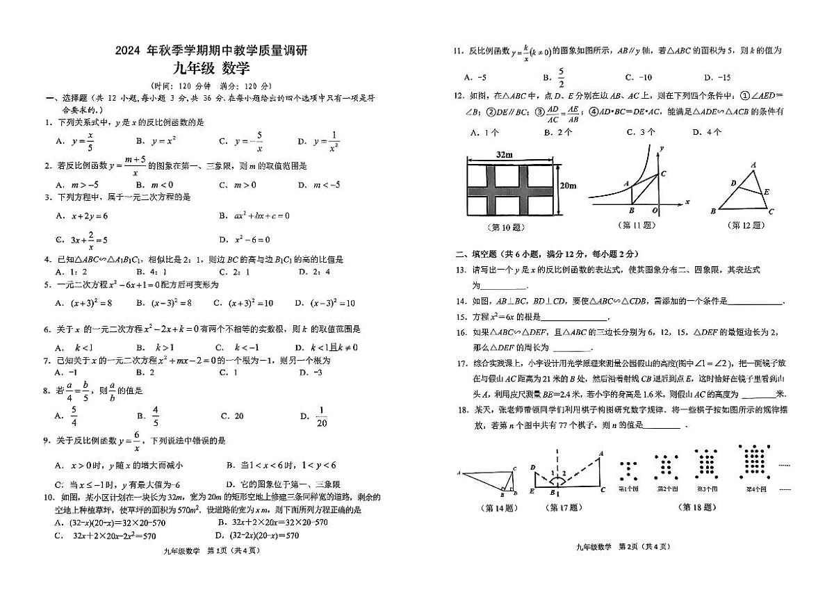 广西来宾市兴宾区2024-2025学年九年级上学期期中教学质量调研数学试卷+第1页