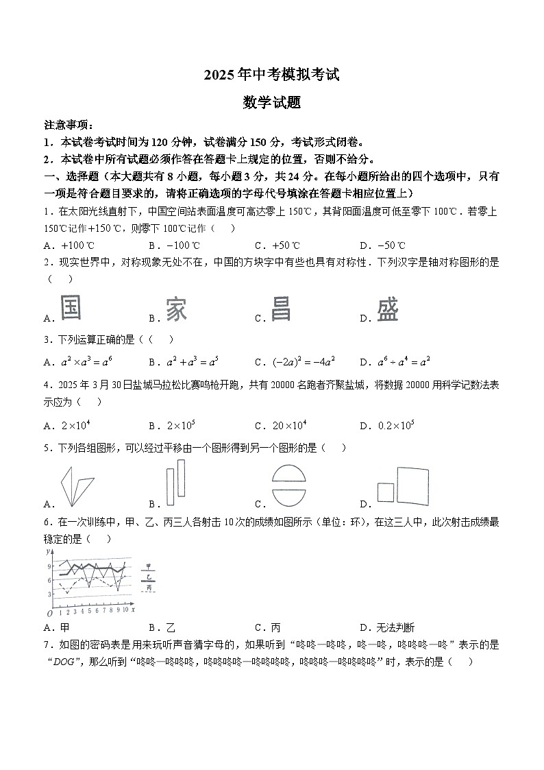 2025年江苏省盐城市东台市一模数学试题（中考模拟）第1页