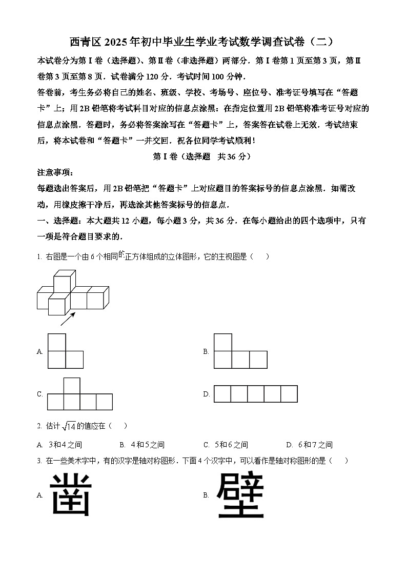 2025年天津市西青区九年级二模数学试题 （中考模拟）第1页