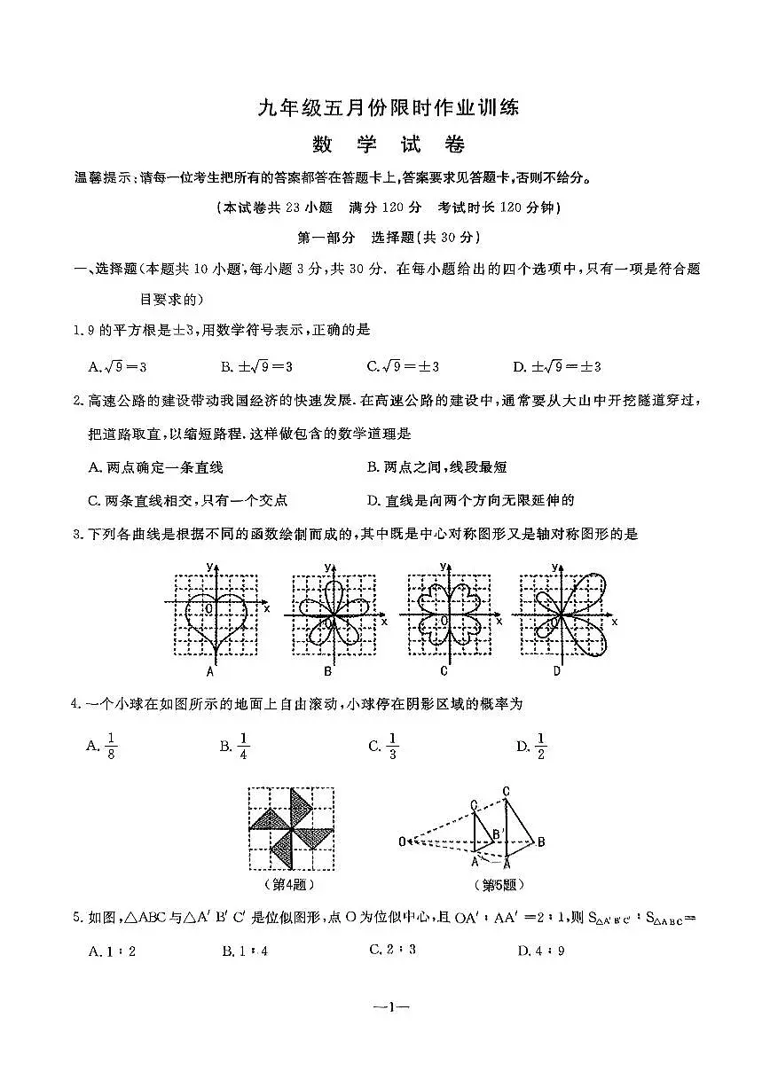 辽宁省鞍山市立山区2024-2025学年第二学期九年级第三次模拟数学试卷（PDF，含答案）第1页