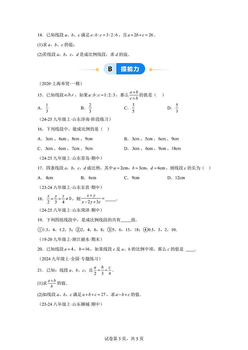 9.1成比例线段（三大题型）2024-2025学年八年级数学下册同步过关检测（鲁教版）含答案第3页