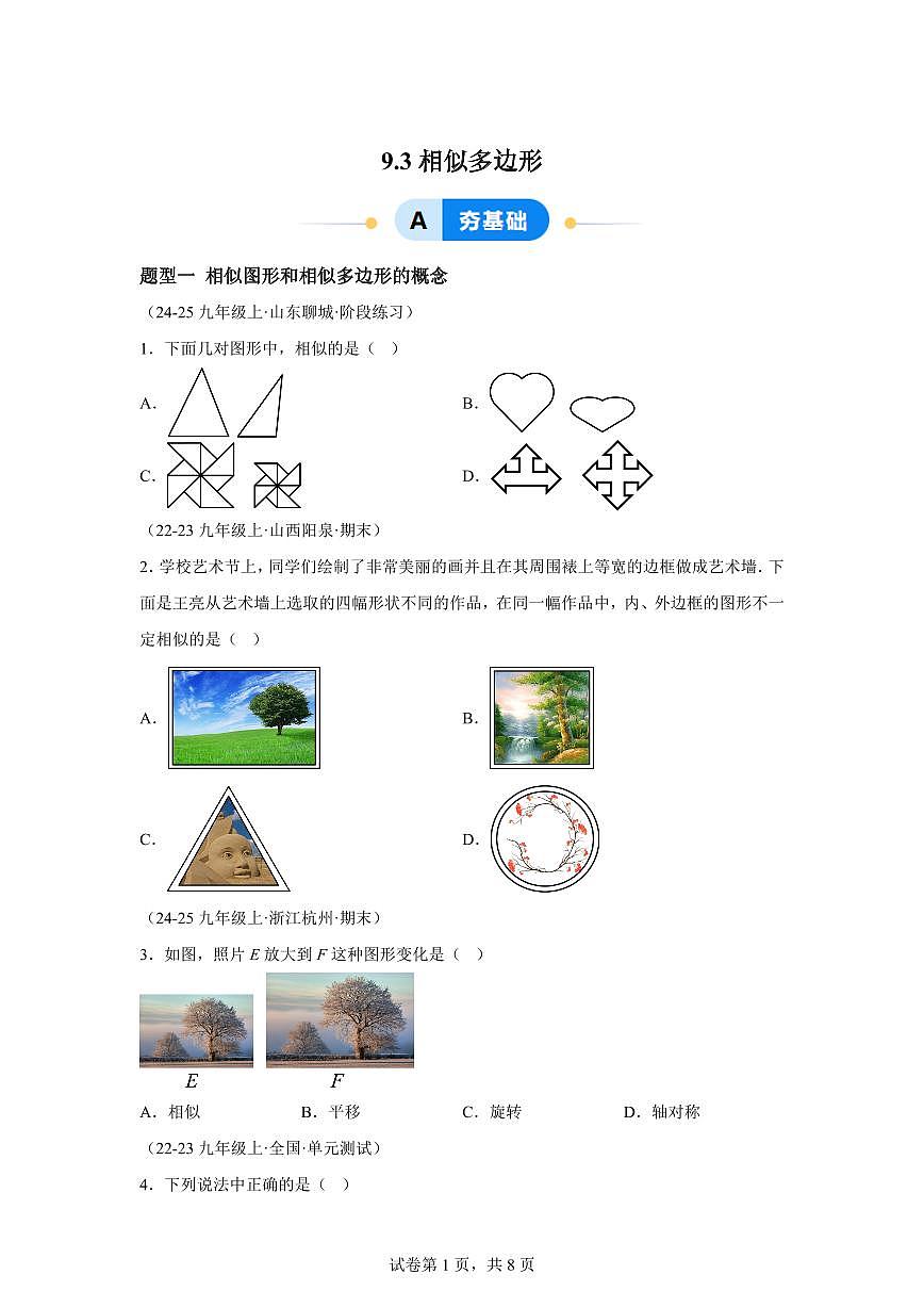 9.3相似多边形（两大题型）2024-2025学年八年级数学下册同步过关检测（鲁教版）含答案第1页