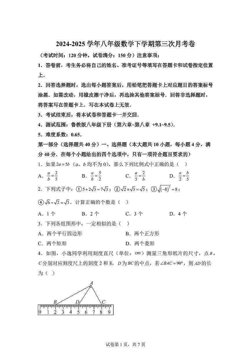 八年级数学月考卷（鲁教版八下第6~9.5章）2024-2025学年初中下学期第三次月考（含答案）第1页
