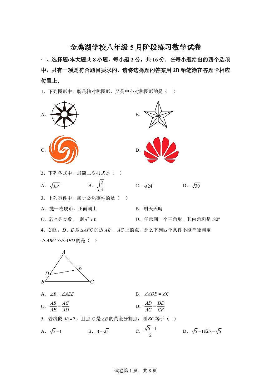江苏省苏州市工业园区2024-2025学年八年级下学期5月月考数学试卷（含答案）第1页