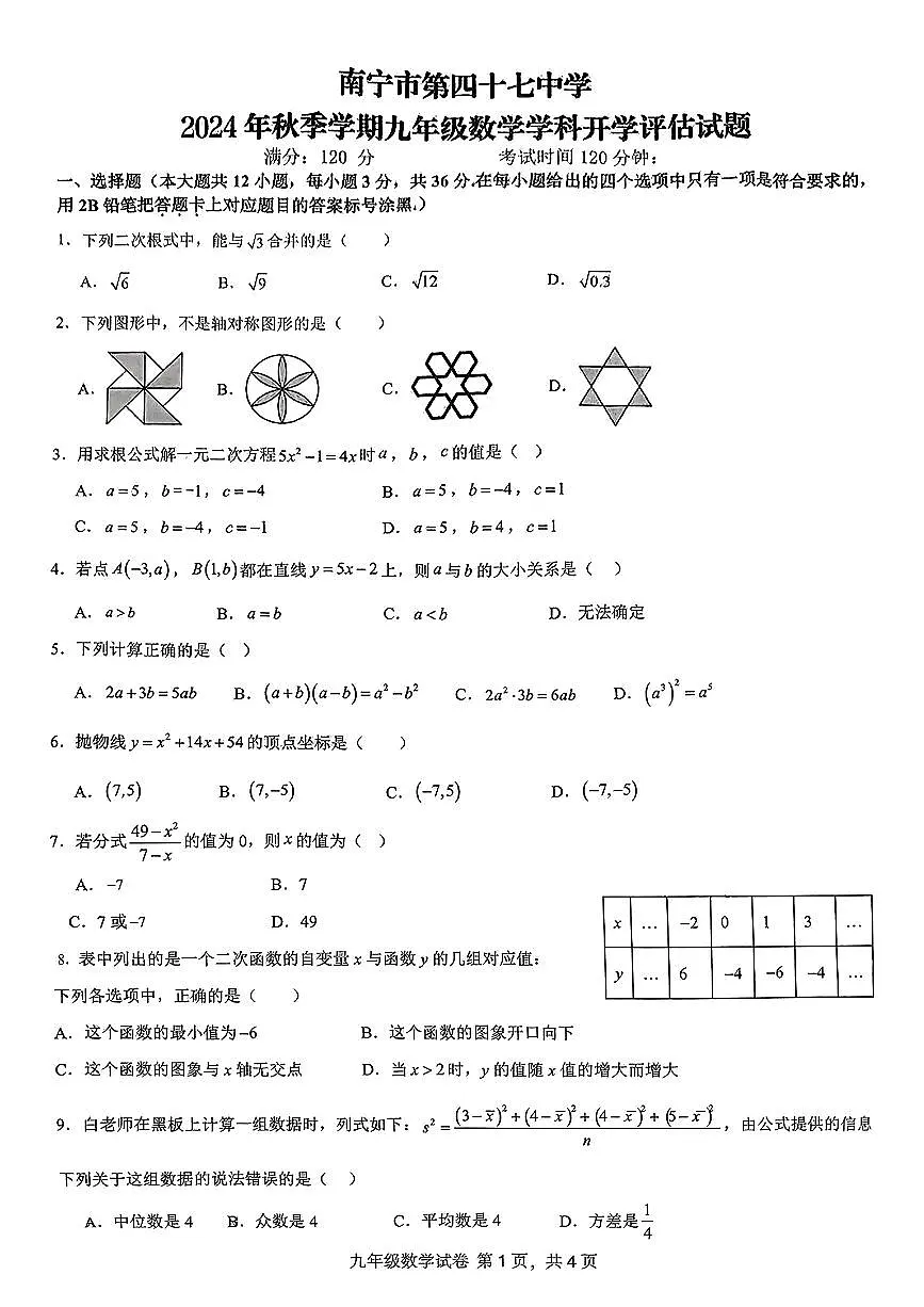 广西南宁市青秀区第四十七中学2024—2025学年九年级上学期开学考数学试题第1页