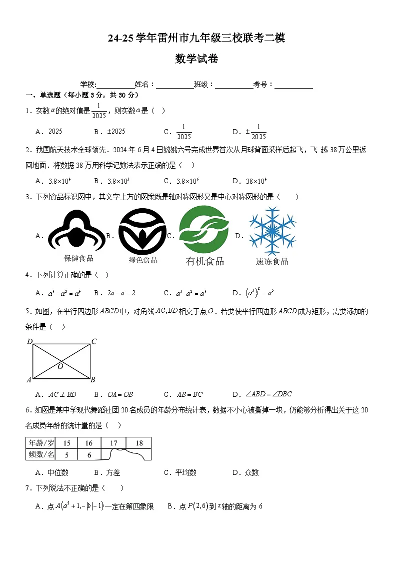 24-25学年雷州市九年级三校联考二模数学试卷第1页