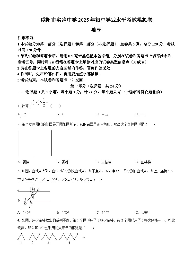 2025年陕西省咸阳市实验中学中考四模数学试卷（原卷版）第1页