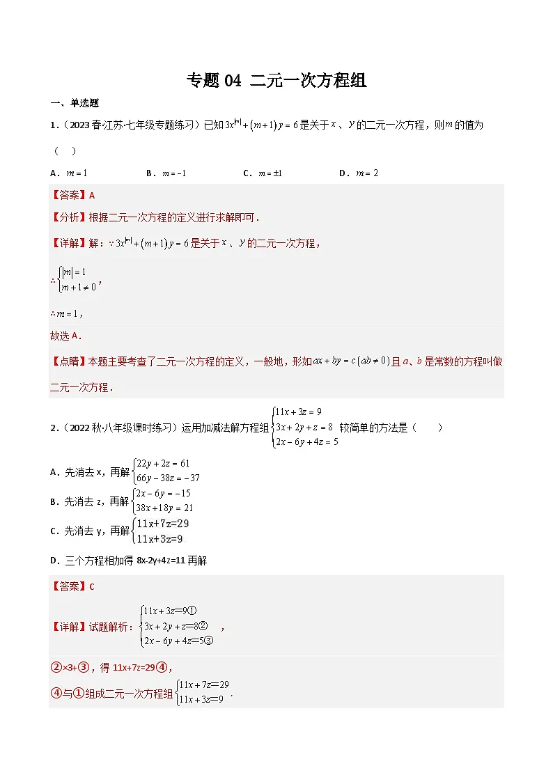 专题04 二元一次方程组(解析版）第1页