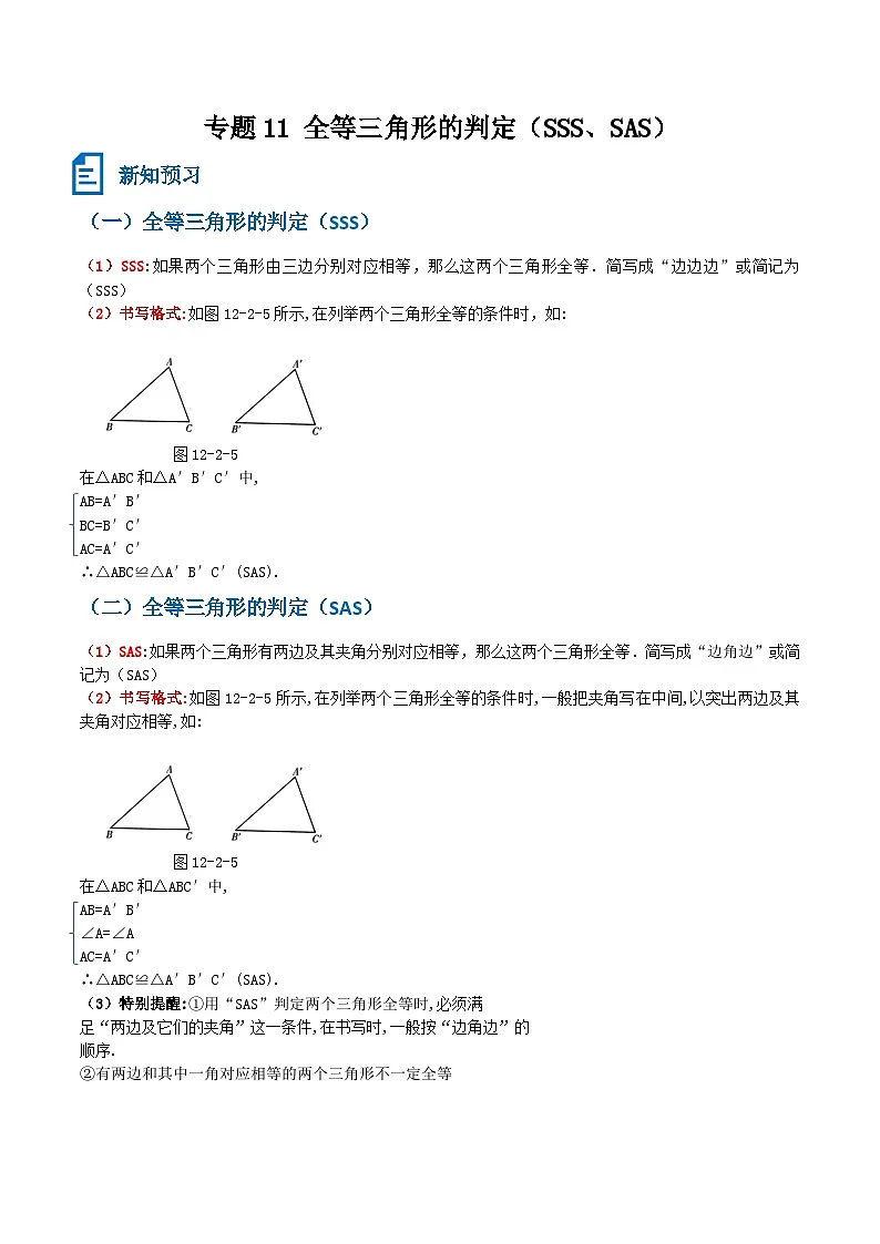 专题11 全等三角形的判定（SSS、SAS）(原卷版）第1页