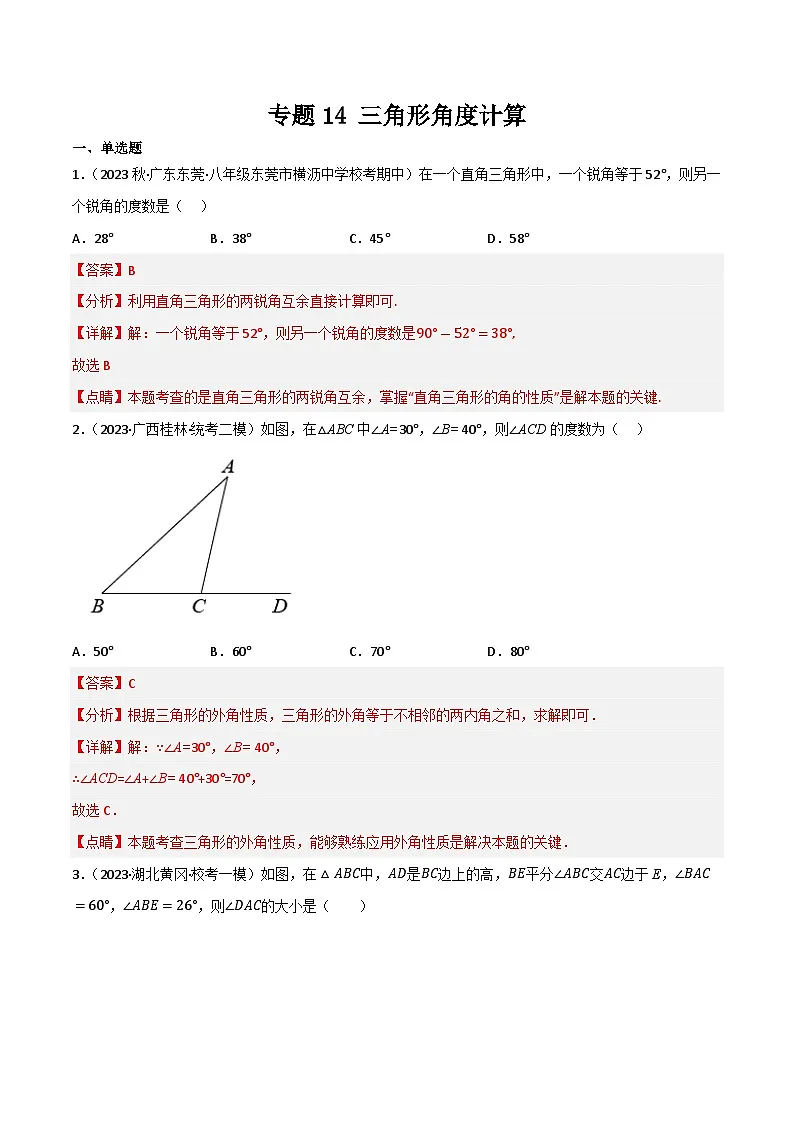 专题14 三角形角度计算(解析版）第1页