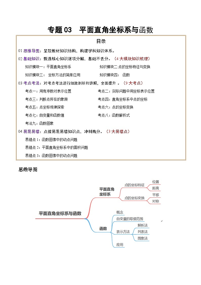 中考数学复习专题03平面直角坐标系与函数(知识梳理、考点、易错点)第1页