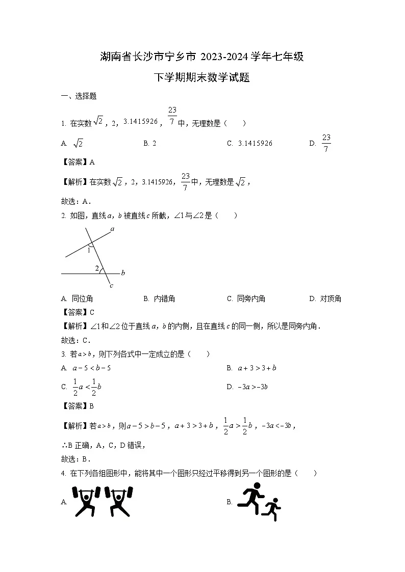 湖南省长沙市宁乡市2023-2024学年七年级下学期期末数学试卷（解析版）第1页